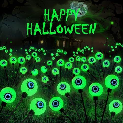 6 Pack Solar Eyeball Lights for Halloween Decorations Outdoor, 36 LED Green Eyeball Solar Halloween Lights, Waterproof Swaying Firefly Lights with 2 Modes for Pathway Patio Yard Lawn Garden Decor
