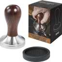 Coffee Tamper Espresso Press with Tamper Mat 304 Stainless Steel Flat Base Wooden Handle for Coffee Grounds Barista Espresso Machines Accessory (53MM)