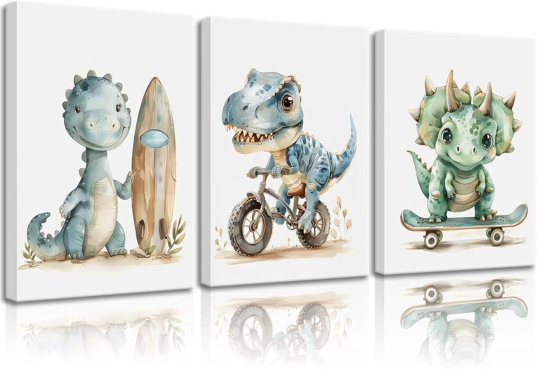 Funny Dinosaur Nursery Canvas Wall Art Surfing Skateboard Riding Dinosaur Painting Picture Wall Decor Sport Nursery dinosaur Print Artwork Poster Print Artwork for Boys Room Girls Room Home Decoration (16L''x12W'')