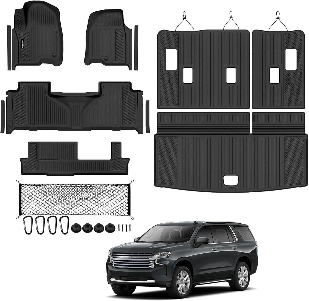 Tongama-Floor Mats for 2021-2025 2026 Chevy Tahoe/GMC Yukon 8 Seats with Bench Seats, All Weather TPE Trunk Mat & 3rd Row Backrest Mats & Cargo Net & Door Sill Guards for Tahoe Floor Liner Accessories