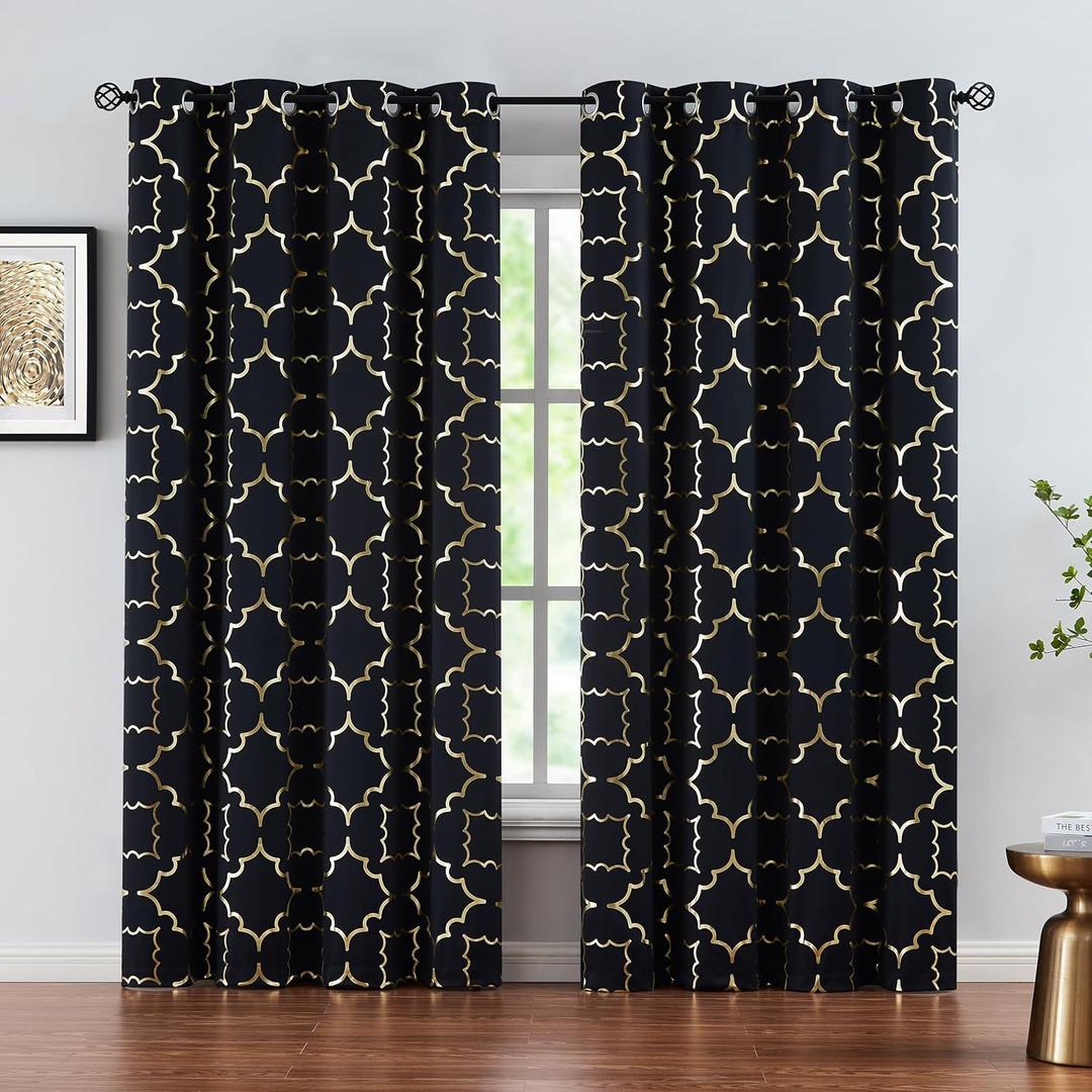 Purainbow Black Blackout Curtain Panels for Bedroom 84" Gold Foil Moroccan Metallic Print Energy Efficient Drapes for Bedroom Living Room, Thermal Insulated Window Treatments Grommet Top 2 Panels