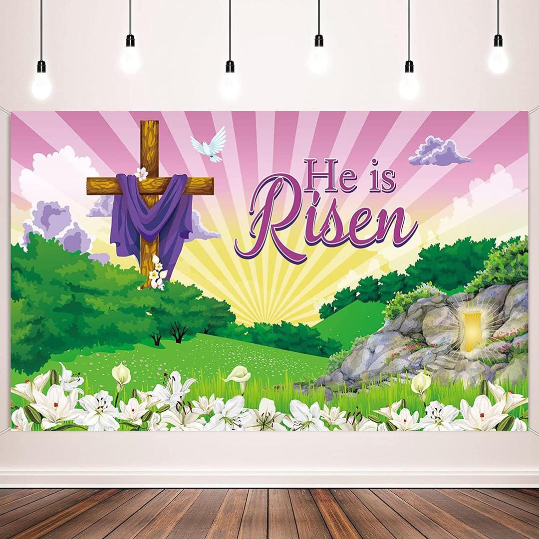 Happy Easter Day Banner Party Decorations He is Risen Banner Photography Backdrop, Large Fabric Easter Cross Religious Photo Background for Jesus Easter Spring Party Supplies, 72.8 X 43.3 Inch
