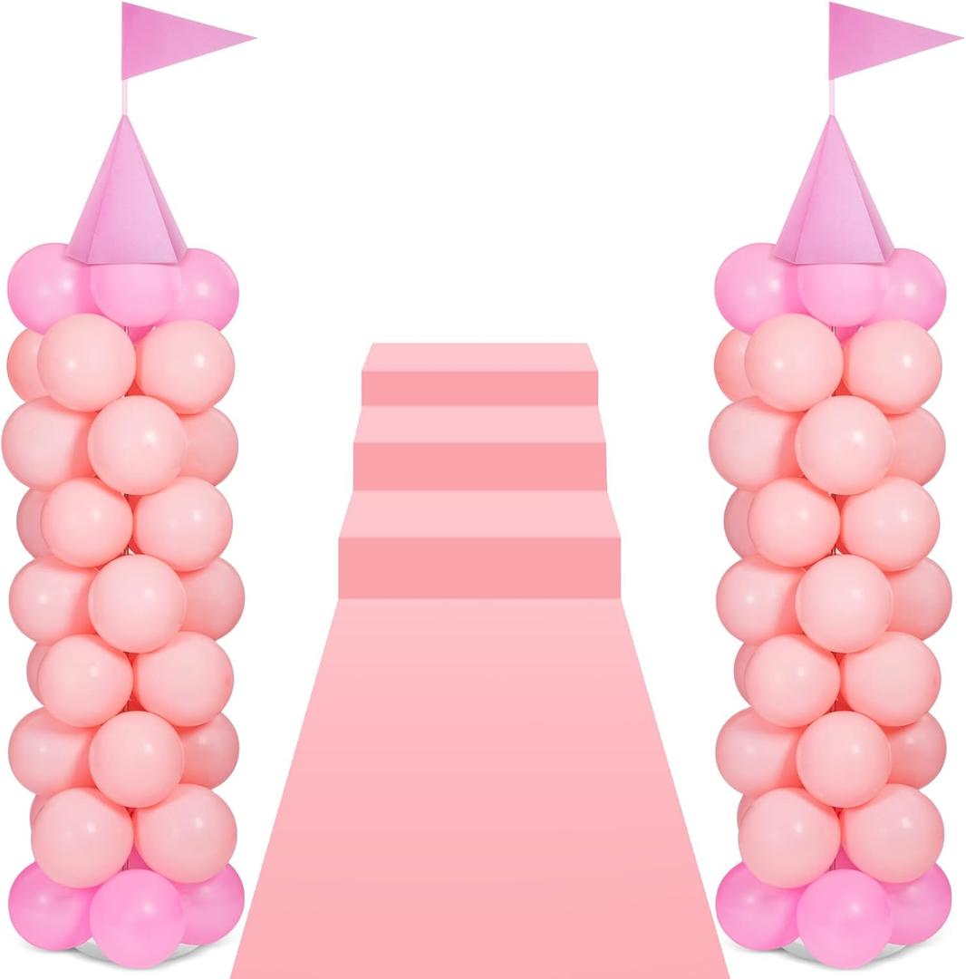 2 Sets Adjustable Pink Princess Castle Balloon Column Stand Kit Includes 140 Pcs Balloons 2 Tricorne Hat 2 Pennant 1 Carpet for Princess Birthday Party Weddings Decoration