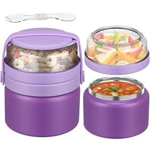JXXM 2 in 1 Double Insulated Food Jar 8oz Soup Thermo with Snack Container Kids Thermo for Hot Food Lunch Containers Wide Mouth Vacuum Stainless Steel Leak Proof for School Travel(Purple)
