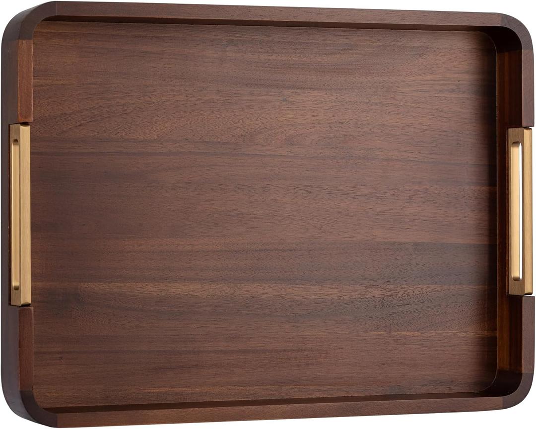 Premium 17.5 x 13 Inch Acacia Wood Serving Tray with Metal Handles Large Ottoman Coffee Table Centerpiece for Bed, Couch & Patio Rustic Wood Trays Home Decor for Breakfast, Drinks & Gifts