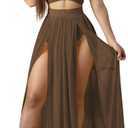 Women Sexy 2 Piece Outfits Dress Chiffon Strap Deep V Neck Bra Crop Top High Split Maxi Dresses Skirt Set (Small, Brown)