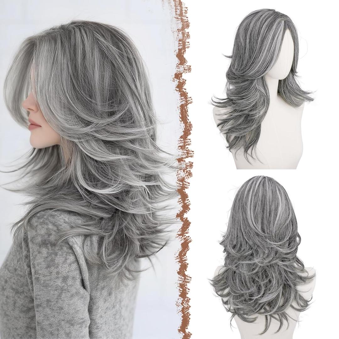FESHFEN Grey Wavy Layered Wig with Curtain Bangs for Women, 20 Inch Long Synthetic Natural Looking Middle Part Hair Wig For Costume Party Daily Use