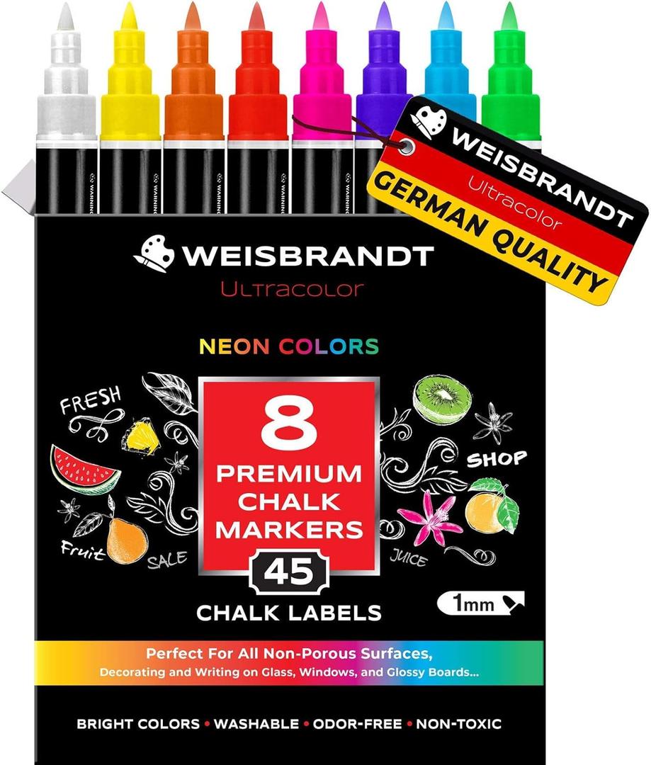 WEISBRANDT Markers for Kids, Liquid Chalk Markers, Pack of 8, Dry Erase Marker Pens, for Chalkboards, Whiteboards, Blackboards, Glass, Reversible Extra Fine 1 mm Tip, 45 Chalkboard Labels Included (Multicolor Neon)