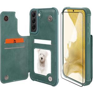 VANAVAGY Compatible for Galaxy S22+ Plus Wallet Case with RFID Blocking Card Holder, PU Leather Magnetic Clasp Kickstand Flip Phone Case Fits Car Mount for Women Men,Forest Green