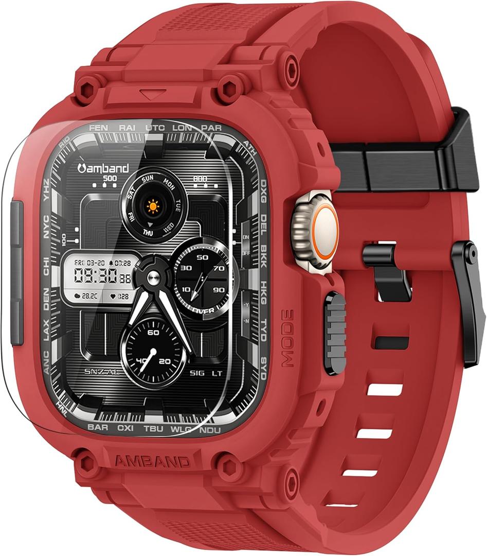 amBand Bands Case Screen Protector Compatible with Apple Watch Ultra 3/2/1 49mm, M1 Sport Series Rugged Cover Strap and 9H Tempered Glass Film, Protective Bumper for iWatch 49 mm Men - Mars Red