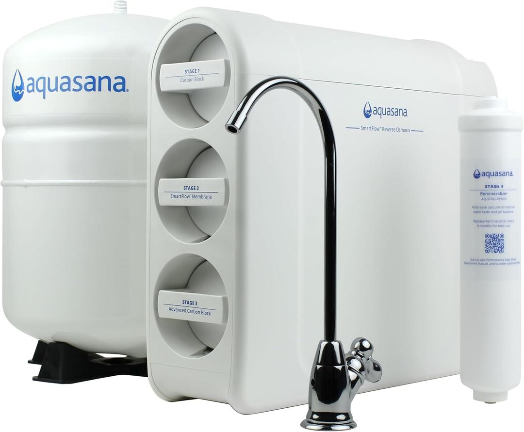 Aquasana SmartFlow Reverse Osmosis Water Filter System - High-Efficiency Under Counter RO Removes up to 99.99% of 90 Contaminants, Including Fluoride, Arsenic, Chlorine, and Lead - Chrome Faucet