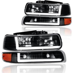 LED DRL Headlight Assembly, Headlights Kit Compatible with 1999-2002 Chevy Silverado 1500 2500/2001-2002 Silverado 1500HD 2500HD 3500HD Replacement Headlamp Black Housing Amber Reflector