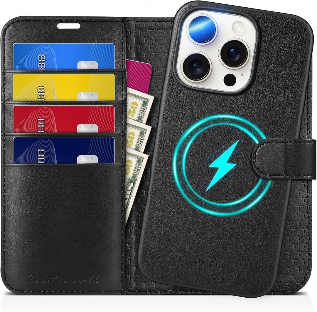 TUCCH Case Wallet for iPhone 16 Pro, [Detachable] Kickstand RFID Blocking 4 Card Slot Shockproof Wireless Charging Case, PU Leather Magnetic Removable Cover Compatible with iPhone 16 Pro, Full Black