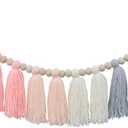 DrCor Pink & Blue Boho Tassel Garland  Preppy Coastal Yarn Wall Hanging with Wooden Beads for Nursery, Kids Room, Baby Shower, Gender Reveal Party, Birthday Backdrop or Coastal Home Decor
