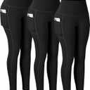 CHRLEISURE Leggings with Pockets for Women, High Waisted Tummy Control Workout Yoga Pants (Medium, 3 Packs - Black/Black/Black)