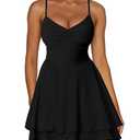 Kaximil Women's Sexy Spaghetti Strap Ruffle Mini Dress Ruched Corset Party Club A Line Short Dresses, X-Large, Black