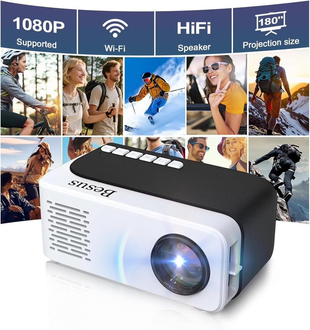 Mini Projector, HD 1080P WiFi Video Projector, Portable Outdoor Projector with Tripod, Gift for Kids, Home Theater Movie Phone Projector Compatible with USB, AV, Smartphone/Tablet/Laptop (black)