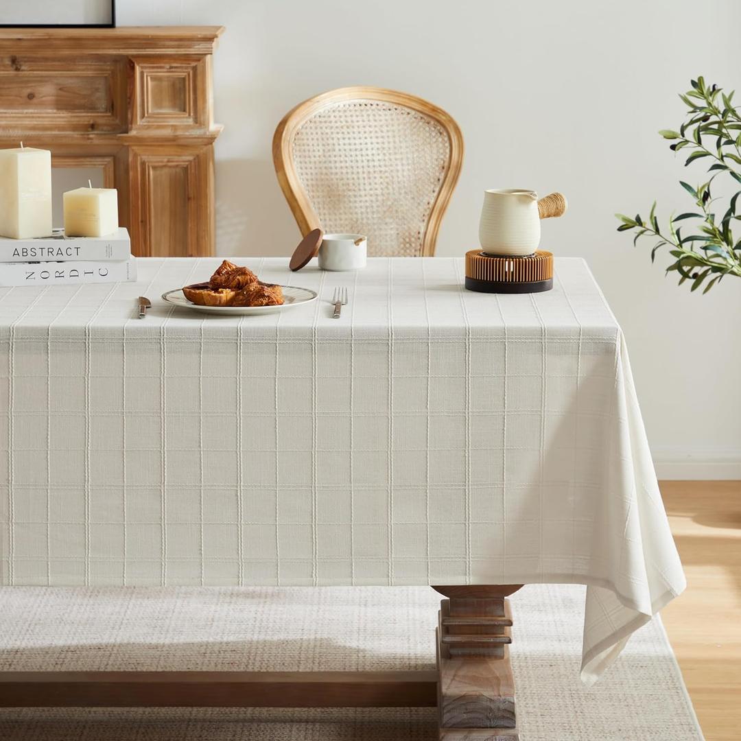 ZeeMart Linen Checked Table Cloth 52x70 Inches (Fit 3ft-4ft, Narrow Fit for 5ft Rectangle Table), Farmhouse Style Plaid Embroidered Off White Water Resistant Table Cover, Ivory
