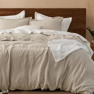 PHF 100% Cotton Muslin Duvet Cover King Size, 3-Layer Guaze Ultra Soft Breathable Textured Linen Like, 3pcs Bedding Comforter Cover Set for All Season, Duvet Set with 2 Pillow Shams, 104"x90", Natural