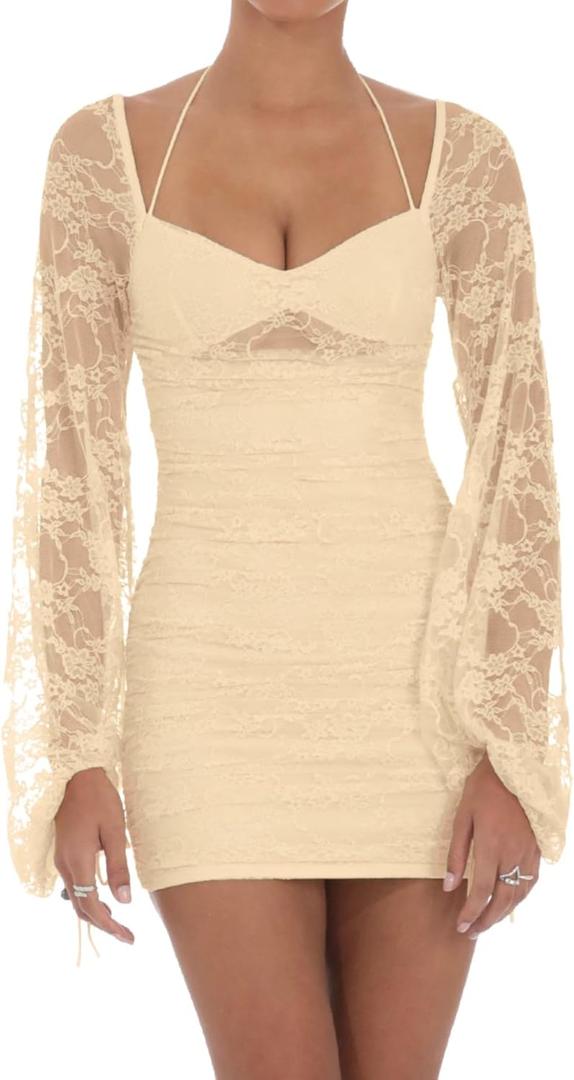 Zebaexf Women's Lace Mini Dress Mesh Dress Long Puff Sleeve Mini Bodycon Party Clubwear for Women (L)