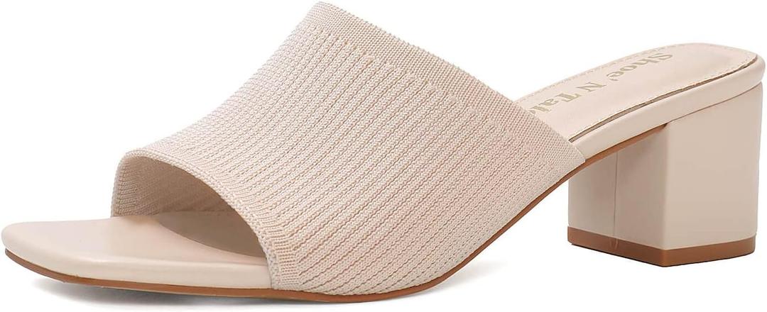 Shoe'N Tale Heeled Sandals For Women Square Open Toe Heeled Mules Chunky Block Low Heel Slip On Slides (10, Beige)