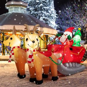 Tangkula 7.2FT Long Christmas Inflatable Santa Rides Sled, Inflatable Santa Claus Sleigh and Reindeer with LED Lights & Christmas Tree, Blow up Reindeer Pull Sleigh with Santa for Christmas Decoration