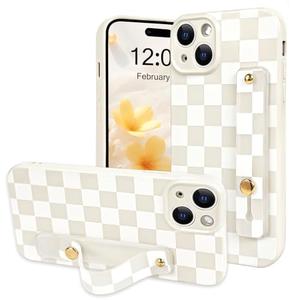 NITITOP Compatible with iPhone 15 Plus Case with Wrist Strap Kickstand Cute Trendy Checkerboard Plaid for Women Girls Slim Fit TPU Silicone Shockproof Full Camera Protective Cover - White