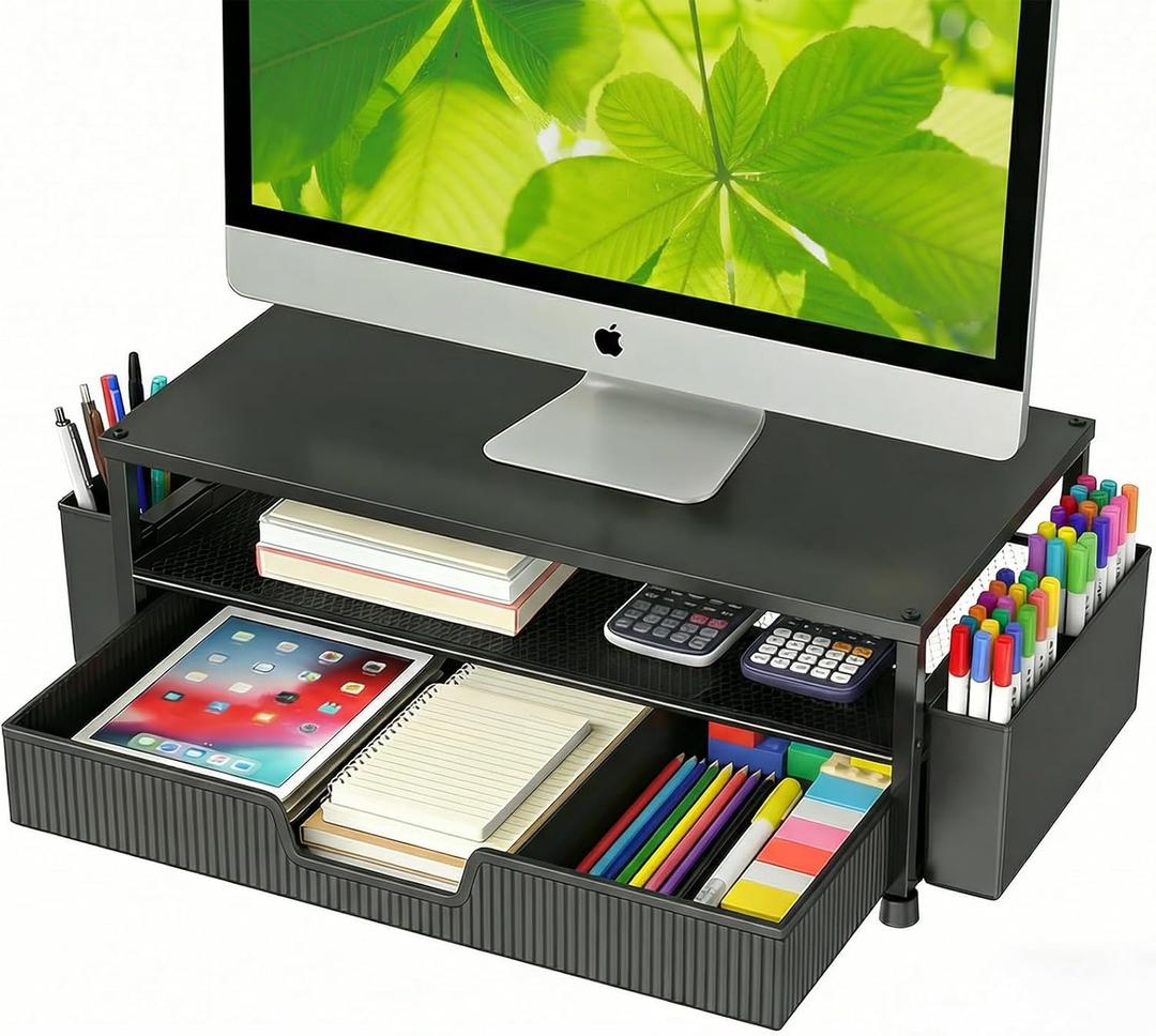 ECOLOVI Desk Organizer and Accessories, 2-Tier Computer Monitor Stand Rise with Storage Drawer & 2 Pen Holders, Laptop & Printer Stand for Desktop, Workspace Organizers for Office Supplies (Black)