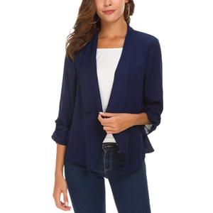 Urban CoCo Women's Ruched Sleeve Lightweight Thin Chiffon Blazer (X-Large, Navy Blue)