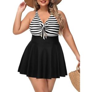 NIeyook Womens Plus Size One Piece Swimsuit with Skirt V Neck Cutout Flowy Swim Dress Tummy Control Bathing Suit, 20W