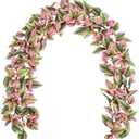 Hollyone 2Pcs 5.6FT Artificial Leaf Garland Hanging Plant Faux Tradescantia Zebrina Garland Plants Fake Vines Leaves Greenery Garland for Boho Wedding Party Front Door Wall Stair Home Decor Pink