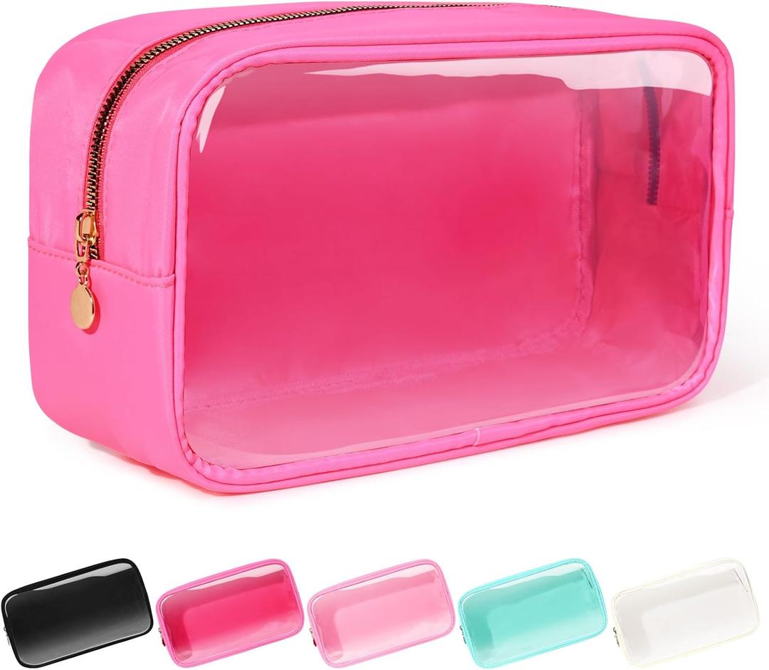 Clear Makeup Bag for Purse Large Makeup Bag Nylon&PVC Travel Pink Cosmetic Bag Preppy Cosmetic Zipper Pouch Toiletry Organizers Bag Coin Purse for Women (Medium, Bubblegum)