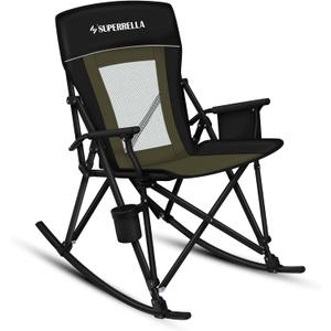 Folding Rocking Camping Chair Portable Outdoor Rocker with High Mesh Back, Handrail Bars, Carry Bag, Cup Holder, Bottle Opener, Supports 400 lbs, Black&Green