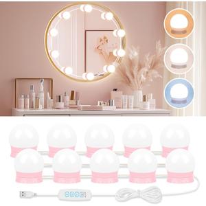 LED Vanity Lights For Mirror, Pink Vanity Light Stick on with 10 Dimmable Bulbs, 3000K 4000K 6500K & 10 Level Brightness Adjustable USB Cable Hollywood Mirror Lights for Makeup Dressing Room Bathroom