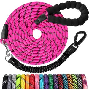 Long Dog Leash 100 FT: Heavy Duty Rope Leashes for Dogs Training with Swivel Lockable Hook Reflective Threads Bungee and Padded Handle - Dog Lead for Large Small Medium Dogs Outside Walking Hiking (100ft*3/8'', Pink)
