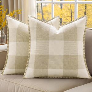 decorUhome Christmas Buffalo Plaid Check Throw Pillow Covers 16x16 Set of 2, Outdoor Linen Decorative Farmhouse Gingham Pillow Covers with Stitched Edge for Bed Couch Sofa, Cream White and Beige