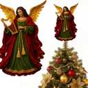 10 Inch Black Angel Christmas Tree Topper Burgundy Vintage Wooden Angel Tree Topper Double-Sided Printing Christmas Decorations for Xmas Party Holiday Decor