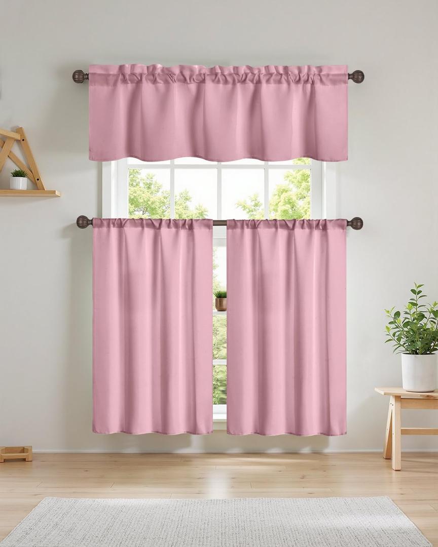 Easy Home 3 Piece Pink Blackout Window Curtain Set with Tiers and Valance Rod Pocket Thermal Privacy Curtain Tiers for Kitchen, Living Room, Bathroom Shades, W27 x L36 Inch, (Pink) (Dust Rose)