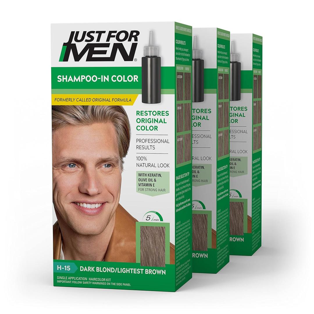 Just For Men Shampoo-In Color (Formerly Original Formula), Mens Hair Color with Keratin and Vitamin E for Stronger Hair - Dark Blond/Lightest Brown, H-15, Pack of 3
