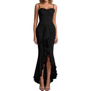 KUTUMAI Elegant Ruffle Long Formal Wedding Guest Dress Ruched Bodycon Slit Maxi Cocktail Dresses for Women, XL