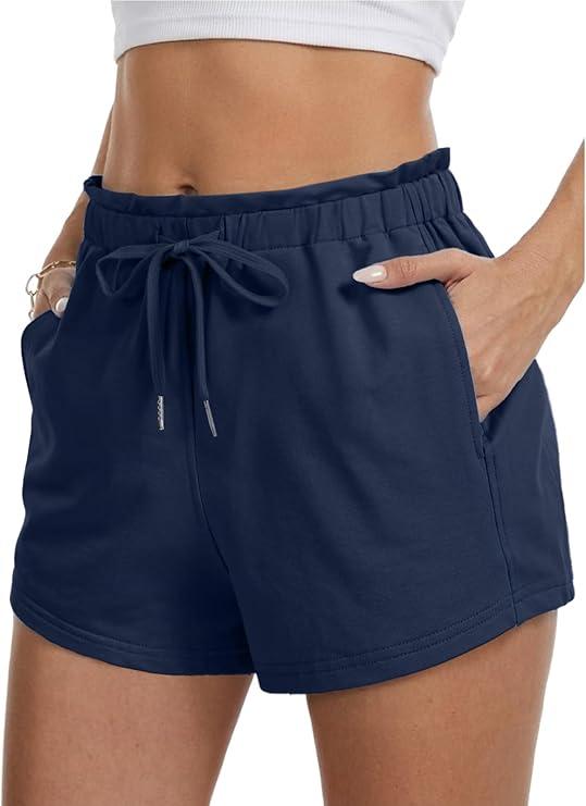  Women's Lounge Shorts with Pockets Summer Soft Drawstring Athletic Casual Sweat Shorts, Navy Blue Large