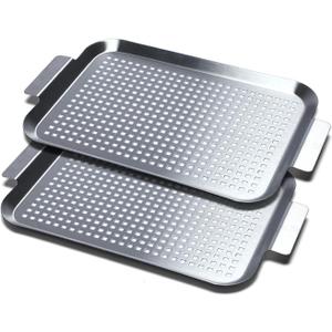 Grill Pan Set of 2, BBQ Grill Topper for Outdoor Grill, Stainless Steel Grilling Baskets with Holes and Handles, Perforated Food Tray Barbecue Accessories for Vegetable, Fish, Small