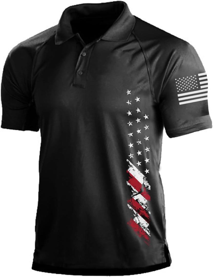 H HYFOL Short Sleeve Polo Shirts for Men Graphic Stretch Casual American Patriotic Raglan Golf Polos for Men (X-Large, #2-black)