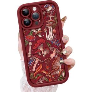 KANGHAR Case for iPhone 12 Pro Case, Cute Mushroom Art Design Soft TPU Shockproof Protective for Women Girls Slim Phone Cover-Wine Red