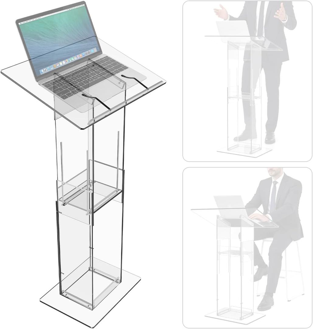 IRONWALLS Clear Podium Stand Adjustable Height, 33.5"-45.3" Acrylic Lectern Podium Stand for Church, Weddings, Classroom, Speech, Presentation, Portable Pulpit Podium with Storage Shelf (Podium Only