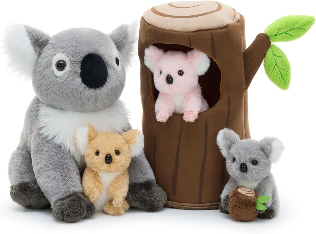 MaoGoLan 5pcs Koala Stuffed Animal, 11.8 Inch Large Mommy Stuffed Koala Plush with 3 Babies & Treehouse, Cute Realistic Stuffed Animals, Gift for Kids Boys Girls