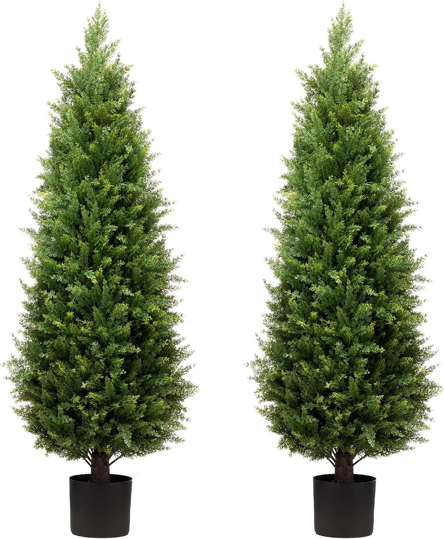 4ft Artificial Cedar Trees Artificial Topiary Trees Set of 2 Faux Cypress Plants UV Resistant Potted Bushes Faux Shrubs for Outdoor Indoor Front Porch Garden