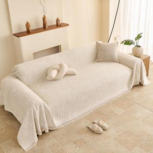 Reversible Couch Covers for Dogs 2 Cushion, Loveseat Slipcovers Washable, Pet L Shape Sectional Protector Washable, Boho Couch Cover Blanket, Wavy Stripe Chenille, White, 71"x102"