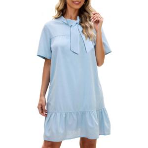 Kedera 2025 Trendy Mini Shirt Dress Bow Neck Short Sleeve Shift Dress Ruffled Hem with Side Pockets (Blue, S)