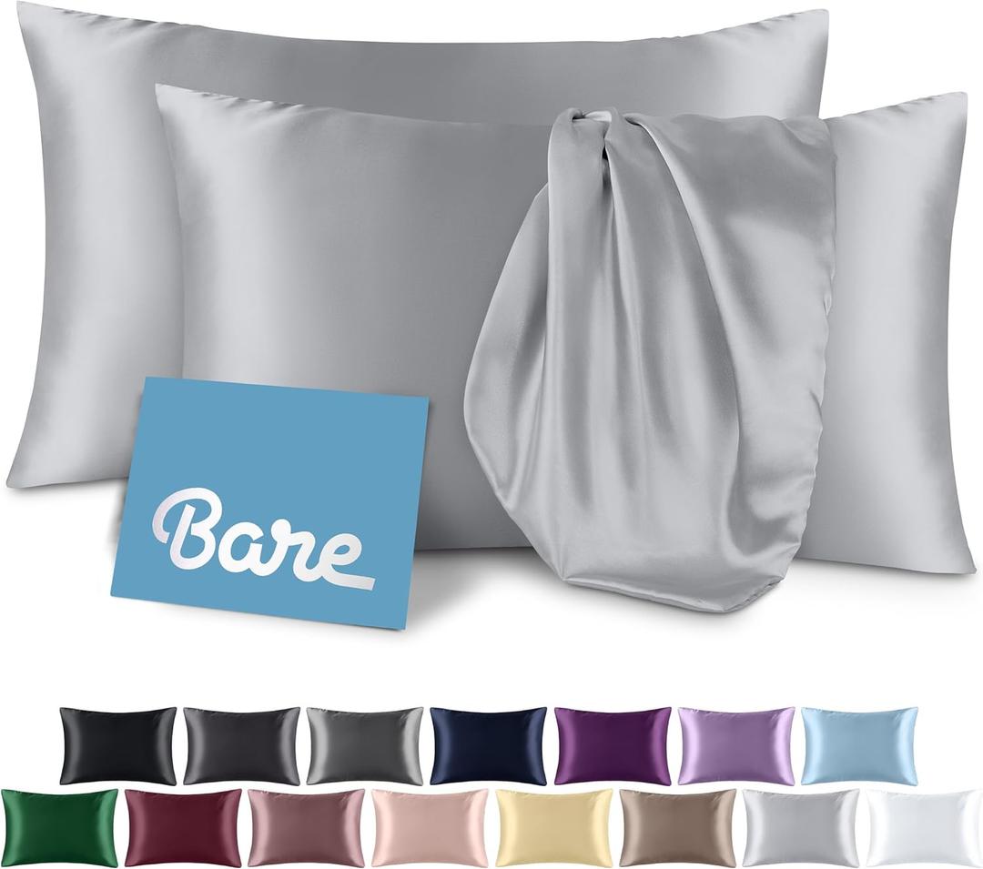 Bare Home Satin Pillowcases for Hair and Skin - 2 Pack Queen - Luxury Pillowcases - Zipper Enclosure - Soft and Smooth Satin - Breathable - Similar to Silk (Silver, 2 Pack) (01 - Silver Grey)